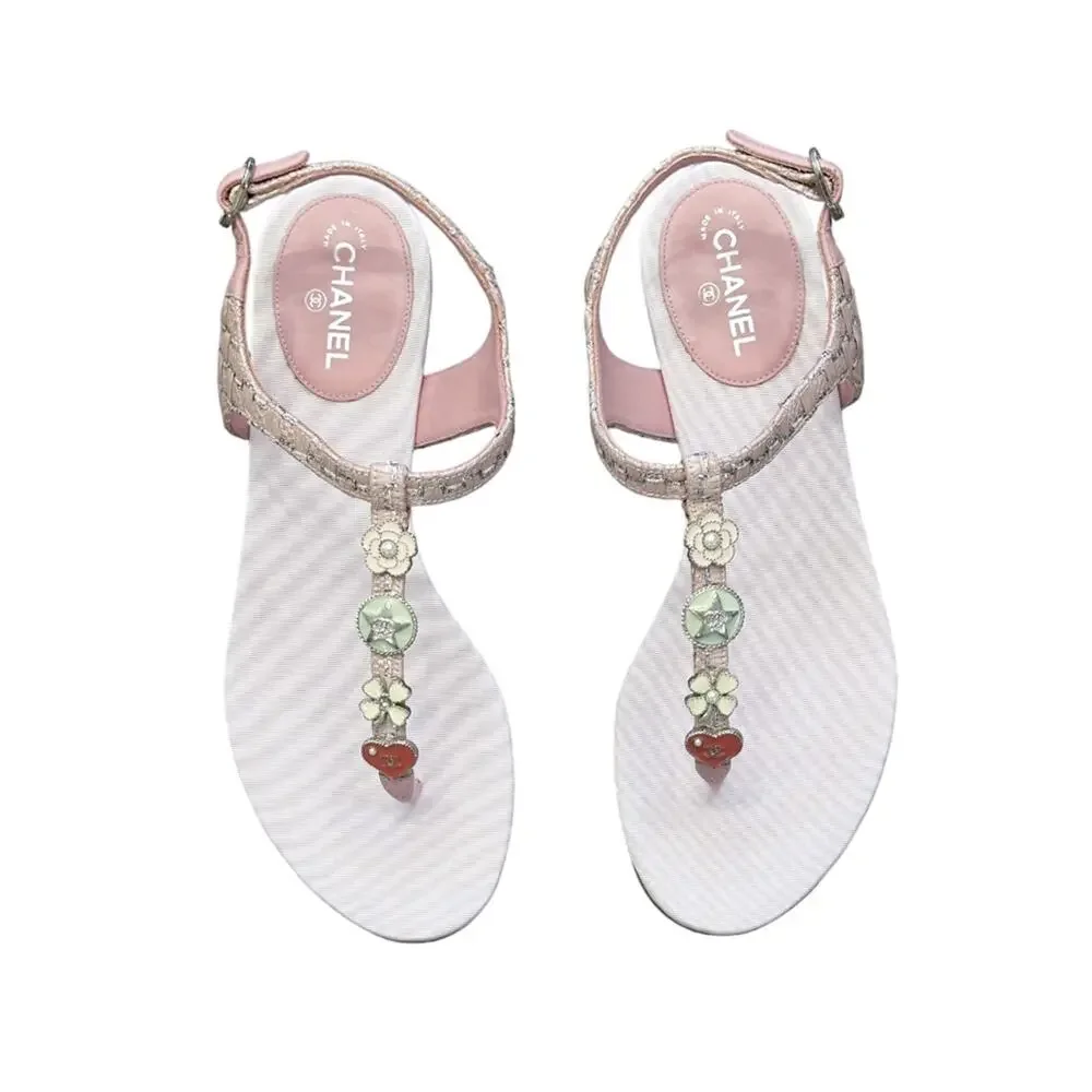 Chanel Pink Metallic Tweed CC Charm T-Strap Thong Sandals Size 37.5
